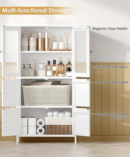 Akxomel 43.3'' H Bathroom Storage Cabinet, Bathroom Floor Cabinet with 6 Doors, Linen Cabinet with Transparent Doors, Modern Bathroom Cabinet for Living Room, Kitchen, Entryway, White