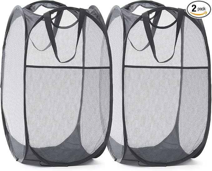 TECHMILLY Collapsible Mesh Pop Up Laundry Hamper with Sturdy Handles and Side Pocket - Portable Foldable Clothes Baskets for Dorm, Bathroom & Travel Storage (Grey, 2 Packs)