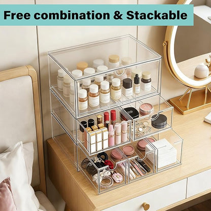Prsildan Acrylic Makeup Organizer Stackable Clear Storage Drawers for Baby Bottles Desk Organizers for Countertop Vanity Nursery Adjustable Modular System for Cosmetics Jewelry