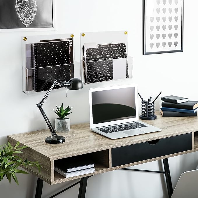 Premium Clear Acrylic Wall File Organizer 2-Pack | Mail Holder Wall Mount | Office Document Sorter with 3 Screw Cap Colors