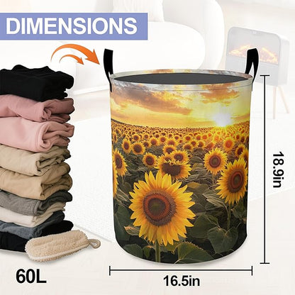 Laundry Basket,Sunset Sunflowers Large Canvas Fabric Lightweight Storage Hamper Organizer Dirty Clothes Collapsible Waterproof for College Dorms,Bathroom