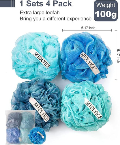 MTDLYICE Loofah Sponge, XXL Large Loofah 100g 4 Pack, Bath Sponge Soft Mesh Shower Loofah for Men, Body Scrub, Shower Pouf Bath Accessories, for Body Wash, Soap (Blue)