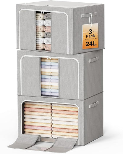 Clothes Storage Bins with Metal Frame Foldable Storage Box Clothes Organizers Storage Containers for Clothes Sheets Blankets Books Toys Gifts and Holiday Decorations (24Lx3 Pack)