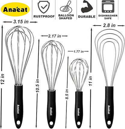 Anaeat Stainless Steel Kitchen Whisk Set of 4, Milk and Egg Beater Blender with Thick Wire for Whisking, Cooking, Baking, Beating and Stirring - 11'' Flat Whisk and 9''+11''+12'' Balloon Whisks