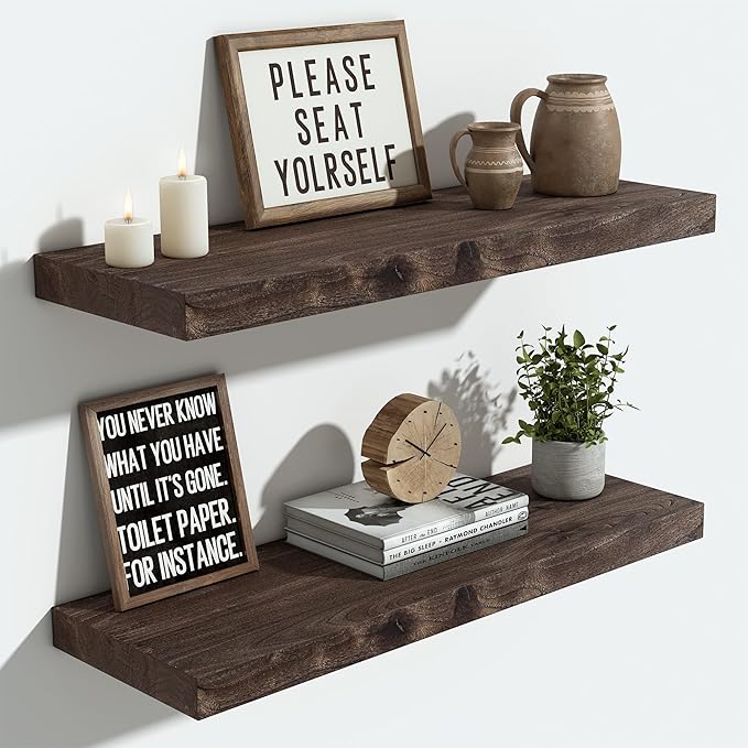 Vivelove Floating Shelves for Wall Solid Elm Wood, 24 Inches Long Rustic Wall Shelf with Invisible Bracket for Living Room Bedroom Bathroom Office Book, Farmhouse Wall Decor, Set of 2 - Dark Walnut