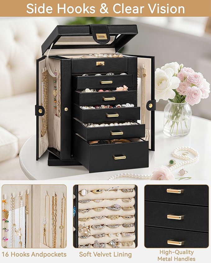 AKOZLIN Jewelry Box 6-Tier Organizer Functional 360° Rotating Jewelry Storage Case for Women Girls Ring Necklace Earring Bracelet Holder with Mirror