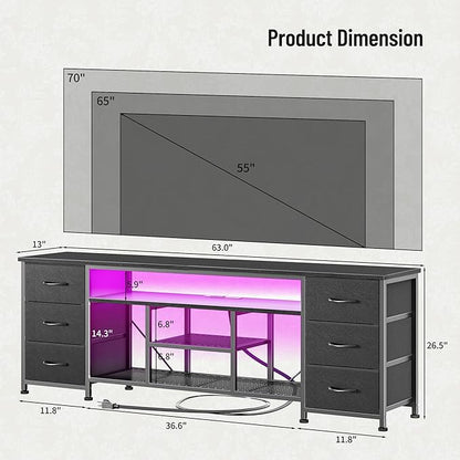 Furologee LED TV Stand for 65, 70 Inch TV, 63 Inch Entertainment Center with Power Outlets, 6 Fabric Drawers Dresser for Bedroom, Media Console with Open Shelves, PU Leather Surface, Black