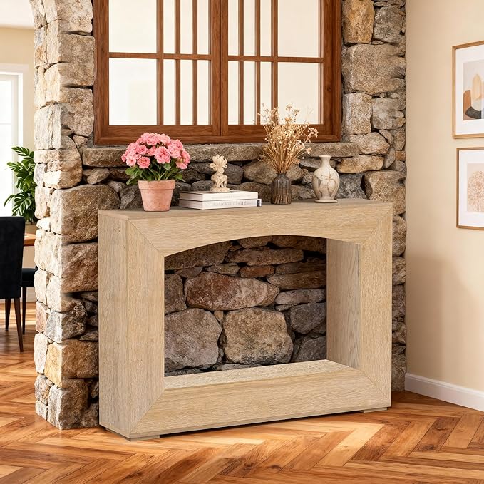 46 Inch Entryway Table U-Shaped, Wooden Console Table with Socket Farmhouse Sofa Table for Entrance, Hallway, Living Room,Behind Couch((Oak Brown)