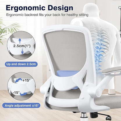 Ergonomic Office Chair, Mesh Computer Chairs with Lumbar Support, Swivel Desk Chair with Flip-up Arms and Adjustable Height, Light Gray
