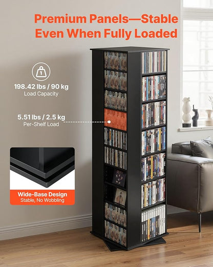 VEVOR Media Storage Cabinet, CD Rack Tower, 34 Compartments Rotating Media Tower Rack for CDs, DVDs, Books and Game Discs, DVD Stand for Living Room, Home Office and Recording Room, Black