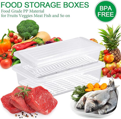Meanplan 12 Packs Food Storage Containers for Fridge Plastic Refrigerator Organizers with Removable Drain Plate and Lid Stackable Produce Containers to Keep Fruits, Vegetables, Meat