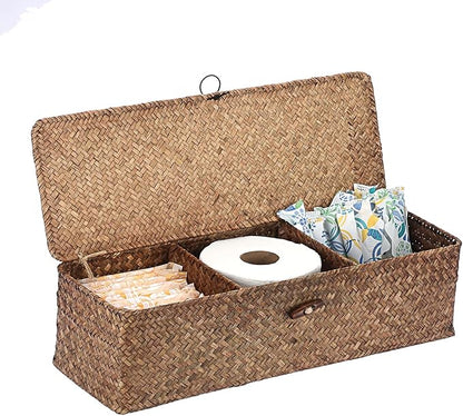 Sumnacon Extended Seagrass Storage Basket with Lid 3-Section Wicker Storage Basket,Small Woven Shelf Basket for Toiletries Tampon Storage,Seagrass Basket for Shelf Bathroom Toilet Counter,Coffee