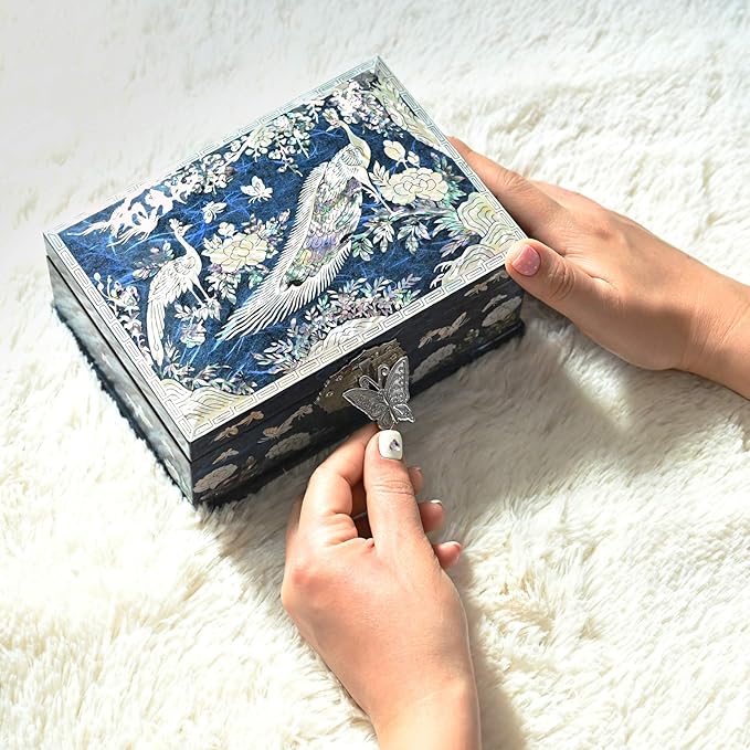 MADDesign Mother of Pearl Jewelry Box Multilevel Peacock Design