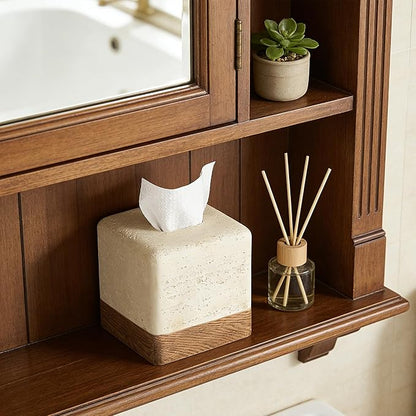 Natural Travertine Match Wooden Square Tissue Box Cover Decorative,Resin Heavy Sturdy Tissue Box Holder, Facial Paper Holder for Bathroom Vanity Countertop, Bedroom Night Stand,Office and End Table