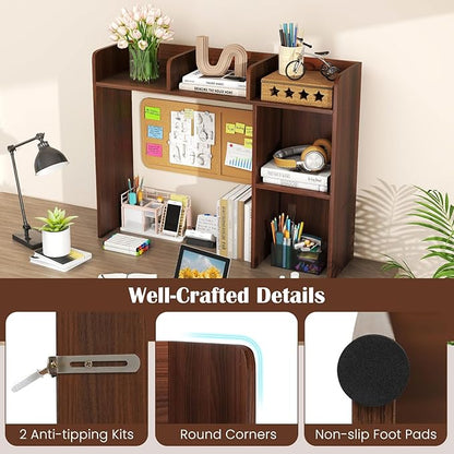 Desk Hutch, Desktop Shelf with 5 Shelves, Desk Bookshelf w/Anti-Toppling Devices, Wood Table Top Bookshelf Organizer, Small Desk Shelf for Study, Office, Dorm (Walnut, 5 Shelves)