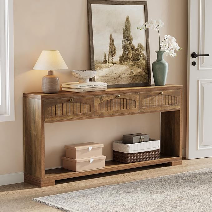LITTLE TREE 70.8-Inch Long Console Table with 3 Drawers, Narrow Farmhouse Entryway Table for Hallway, Entry, Behind Couch, Living Room, Sofa, Entrance, Foyer with 2-Tier Shelves, Rustic Brown