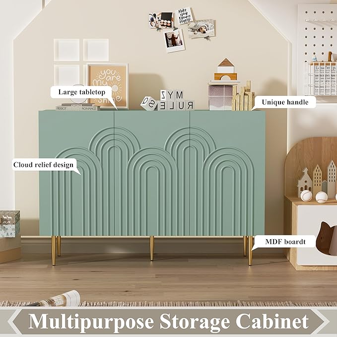 ARTPOWER 47" Sideboard Buffet Cabinet with 3 Doors - Accent Modern Cloud Relief Decorative Credenza with Storage for Living Room, Kitchen, Dining Room, Hallway, Entryway, Green