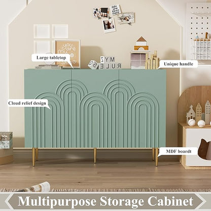 ARTPOWER 47" Sideboard Buffet Cabinet with 3 Doors - Accent Modern Cloud Relief Decorative Credenza with Storage for Living Room, Kitchen, Dining Room, Hallway, Entryway, Green