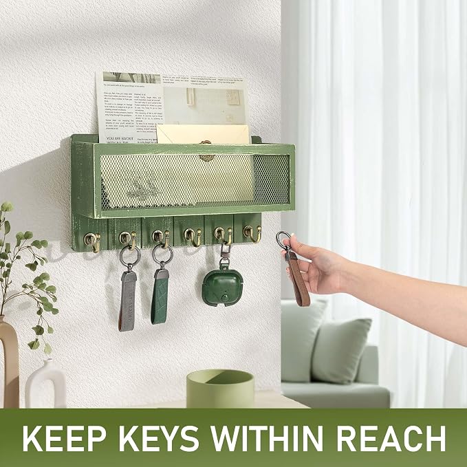 Rebee Vision Pine Wood Mail and Key Holder for Wall Decorative – Key Holder Wall Mount with Hooks and Mail Basket for Home Essentials – Wooden Farmhouse Storage Rack for Apartment (Green)