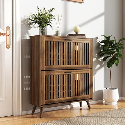 Vibe & Dine Shoe Cabinet with 2 Flip Drawers, Narrow Shoe Rack with Black Handles, Free Standing Shoe Storage Cabinet for Entryway Slim, Wood Shoe Organizer Cabinet for Hallway, Bedroom, Walnut