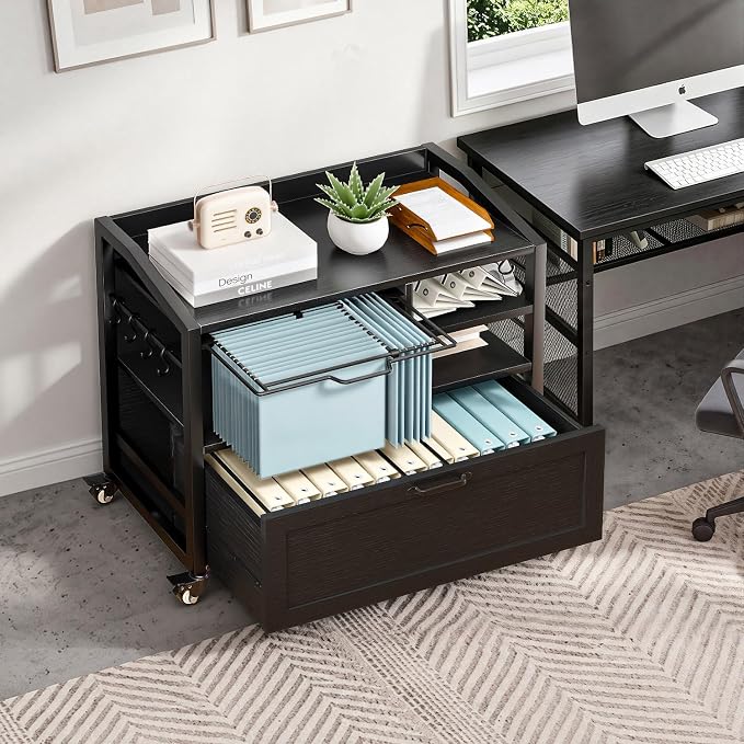 LVB Wood Lateral File Cabinet with Drawers, Rolling Filing Cabinet Under Desk for Home Office, Printer Stand with Storage Shelf, Hanging File Organizer for Legal/Letter Size, Black Oak, 33Inch