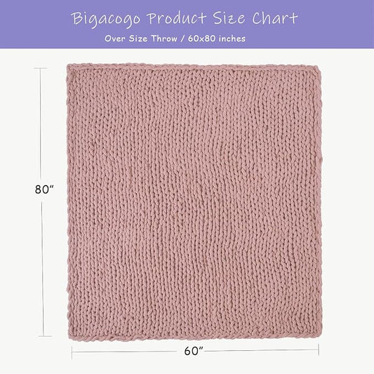 Bigacogo Chunky Knit Throw Blanket for Couch, 60x80 inches, 100% Hand Knitted with Thick Jumbo Chenille Yarn, Cozy Soft Large Rope Knot Cable Crochet Blankets for Sofa Bed Living Room, Dusty Pink
