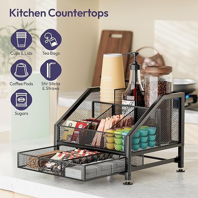 SWTYMIKI Coffee Bar Organizer for Countertop – Space-Saving Kcup Organizer with Drawer and Tiered Shelves, Coffee Station for Pods, Sugar, Syrup, Cups, Stirrers, Condiment Organizer Storage