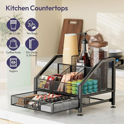 SWTYMIKI Coffee Bar Organizer for Countertop – Space-Saving Kcup Organizer with Drawer and Tiered Shelves, Coffee Station for Pods, Sugar, Syrup, Cups, Stirrers, Condiment Organizer Storage