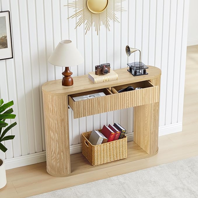 42.5” Console Table with 2 Drawers, Fluted Entryway Table with Rounded Corners, Rectangular Sofa Table Behind Couch for Living Room, Hallway, Foyer (Natural)