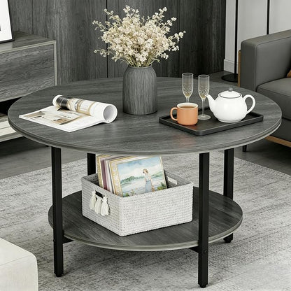 FAMIDGE Coffee Table, 27.6“ Circle Coffee Tables for Living Room, 2 Tier Round Coffee Table with Storage, Wood Accent Center Floor Table for Bedroom, Industrial Home Office, Elegant Gray