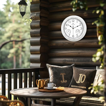Lafocuse White Outdoor Wall Clocks Waterproof for Patio with Thermometer, 12 Inch Hygrometer Wall Clock for Kitchen Bathroom Garage