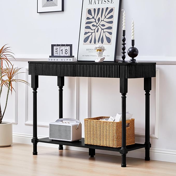 Fluted Console Table for Entryway, 43.3'' Narrow Entryway Tables with 2 Wooden Drawers, Retro Sofa Table Slim Behind Couch Accent Tables for Foyer, Living Room, Hallway (Black)