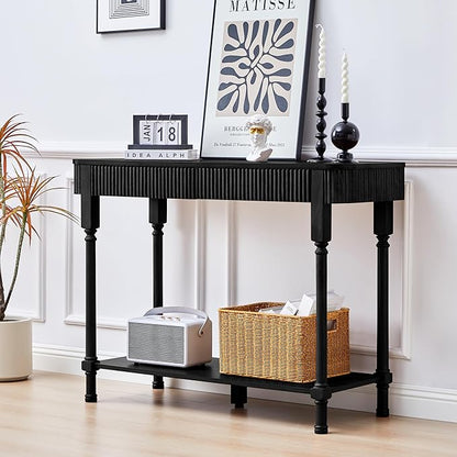 Fluted Console Table for Entryway, 43.3'' Narrow Entryway Tables with 2 Wooden Drawers, Retro Sofa Table Slim Behind Couch Accent Tables for Foyer, Living Room, Hallway (Black)