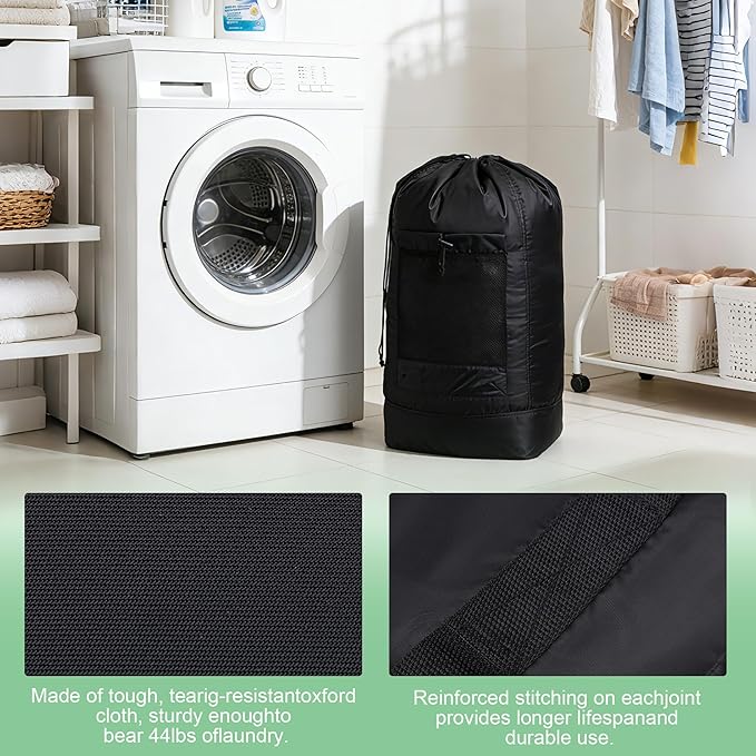Aegero Backpack Laundry Bag,Large Travel Laundry Bags with Shoulder Straps and Mesh Pockets,Laundry Backpack with Drawstring Closure for College,Trave,Dorm, Apartment,Laundromat (Black)