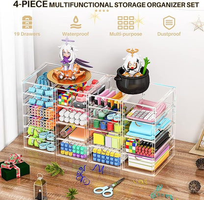 YFXCVSL Acrylic Makeup Organizer with 19 Drawers, 4 Pack Clear Storage Drawers, Bathroom Makeup Organizer for Palettes, Cosmetic, and Beauty Supplies,Ideal for Vanity, Cabinet,Desk Organization