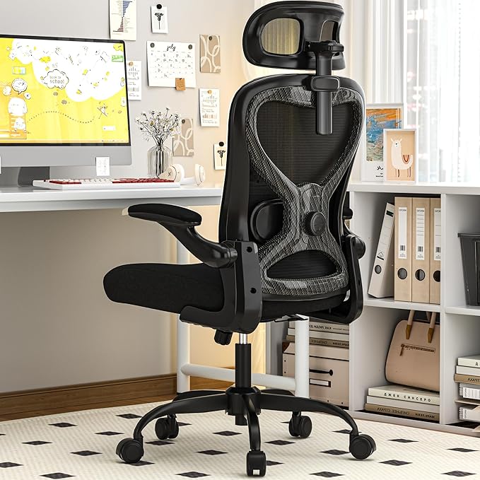 Office Chair for Back & Neck Pain Relief, Virgin Foam Seat, 2D Adjustable Lumbar & 3D Headrest, Flip-Up Armrests, Tilt & Rock for Relaxation (English, Black/Carbon Fiber)