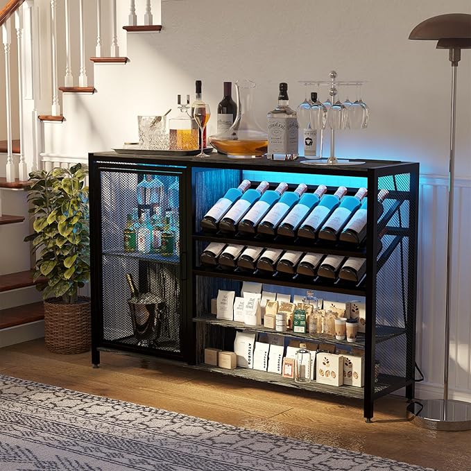 48" Wine Bar Cabinet with Power Outlet, Industrial Coffee Bar Cabinet with LED Strip, Liquor Bar Cart with Wine Rack and Glass Holder for Living Room Dining Room Kitchen, Rustic Grey