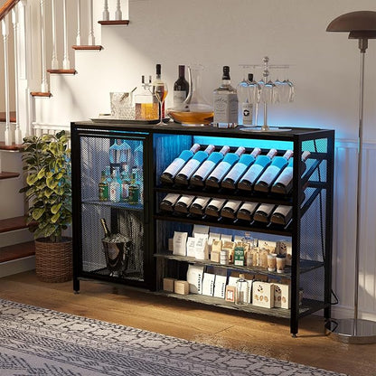 48" Wine Bar Cabinet with Power Outlet, Industrial Coffee Bar Cabinet with LED Strip, Liquor Bar Cart with Wine Rack and Glass Holder for Living Room Dining Room Kitchen, Rustic Grey