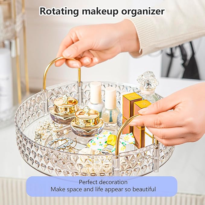 Gold Rotating Makeup Organizer for Vanity, 2-Tier Large Capacity Perfume & Skincare Organizer with Brush Holder, 360° Bathroom Countertop Organizer for Cosmetics, Jewelry & Hair Products