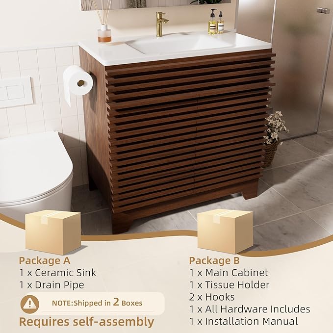 VNN 32 Inch Bathroom Vanity with Ceramic Sink - Freestanding Modern Bathroom Storage Vanity Cabinet with Fluted Design, Soft-Close Doors, Shelves, Toilet Paper Holder & Towel Hooks, Walnut