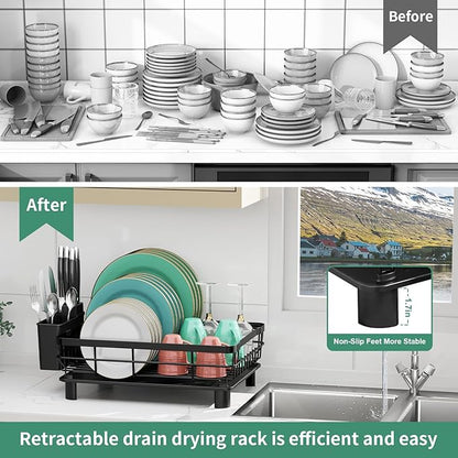 MOUKABAL Dish Drying Rack, Dish Rack, Stainless Steel Dish Racks for Kitchen Counter, Dish Drainer with Removable Utensil Holder, Drainboard (Black,13''W x 17''L)