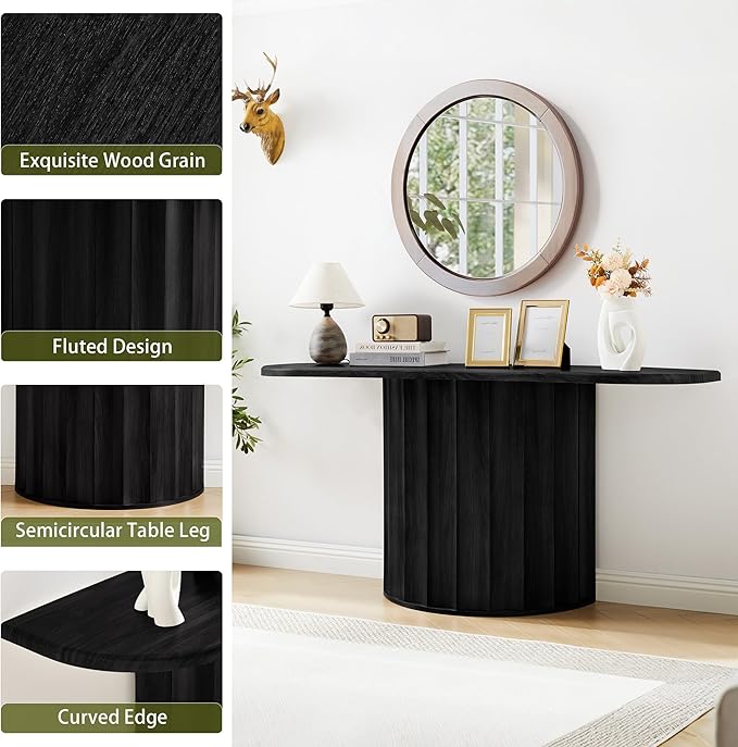 Fluted Console Table, 59'' Narrow Wooden Sofa Tables Behind Couch, Modern Entryway Table with Storage Curved Accent Table for Hallway, Living Room, Entrance, Foyer (Black)