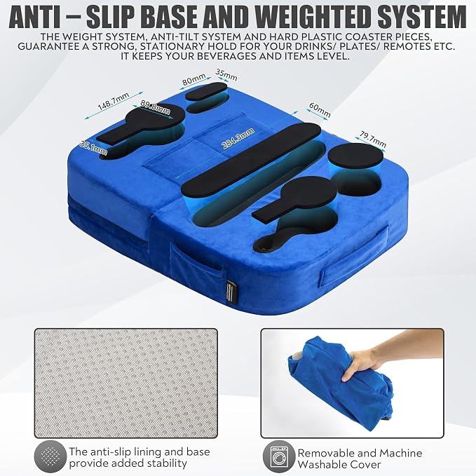 TabCouchCaddy - Couch Cup Holder Tray Pillow - Bed, Couch Caddy, Sofa, RV & Car - Holds Drinks, Snacks, Remotes, Phones, Kindle, Tablet | Bed Cup Holder (Blue)