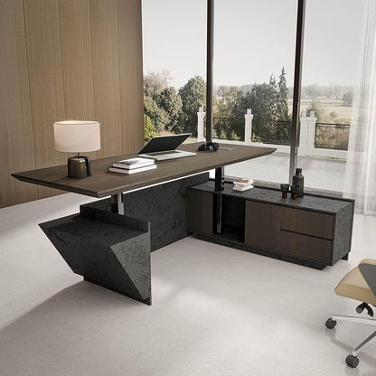 94.5" Adjustable Height L-Shaped Executive Desk with LED Light Strip - Black Inverted Trapezoid Design, Includes Storage Cabinet with Drawers & Doors, Ergonomic Standing Office Desk for Home & Office
