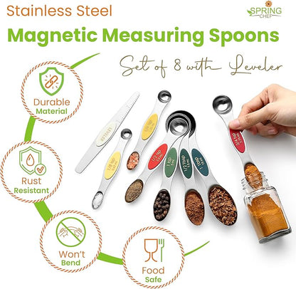 Spring Chef Stainless Steel Magnetic Measuring Spoons Set of 8 with Leveler, Metal Teaspoon & Tablespoon Measure Spoons Set for Baking & Cooking, Stackable & Double Sided Kitchen Gadgets - Very Merry