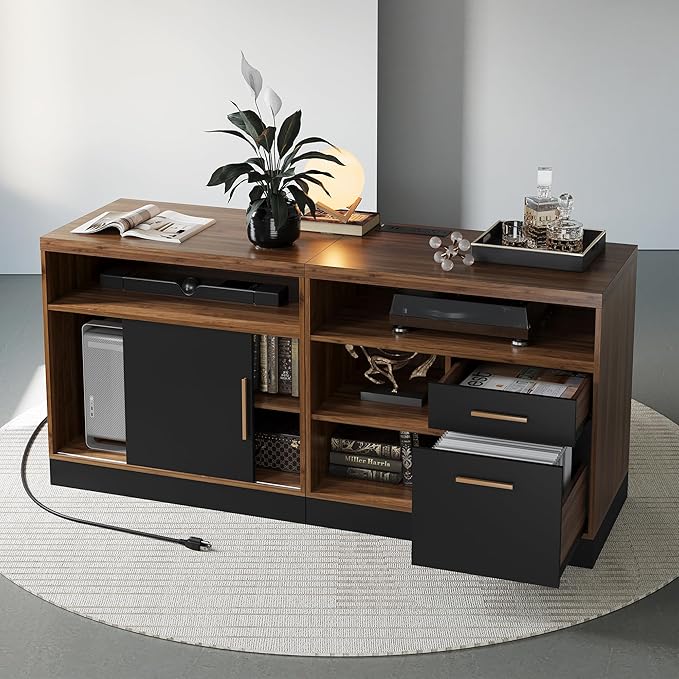 63" Wood Lateral File Cabinet with Lock, Filing Cabinet for Home Office with Adjustable Storage Shelves, Wide Office Credenza, Fits Letter/A4 Size, Black Walnut
