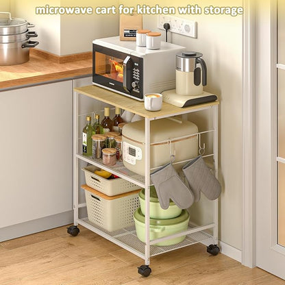 ThreeHio Rolling Kitchen Microwave Cart, 3 Tier Microwave Table Stand with Storage, Kitchen Utility Cart on Lockable Wheels, Small Coffee Station Shelf Rack Organizer for Living Room Office, Balcony