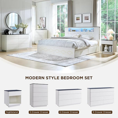 ACCOHOHO Modern 9 Drawer Dresser for Bedroom, 52" Wide Wooden Dressers with Large Storage,Handleless Chest of Drawers TV Stand for Living Room & Hallway, Curved Profile Design, White
