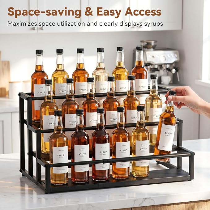 Nuovoware Expandable Coffee Syrup Organizer, 3-Tier Syrup Rack Holds 15-24 Bottles, Adjustable Width Carbon Steel Coffee Bar Organizer for Countertop Kitchen Bar, Liquor Dressing Seasoning, Black