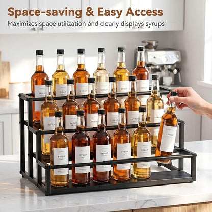 Nuovoware Expandable Coffee Syrup Organizer, 3-Tier Syrup Rack Holds 15-24 Bottles, Adjustable Width Carbon Steel Coffee Bar Organizer for Countertop Kitchen Bar, Liquor Dressing Seasoning, Black
